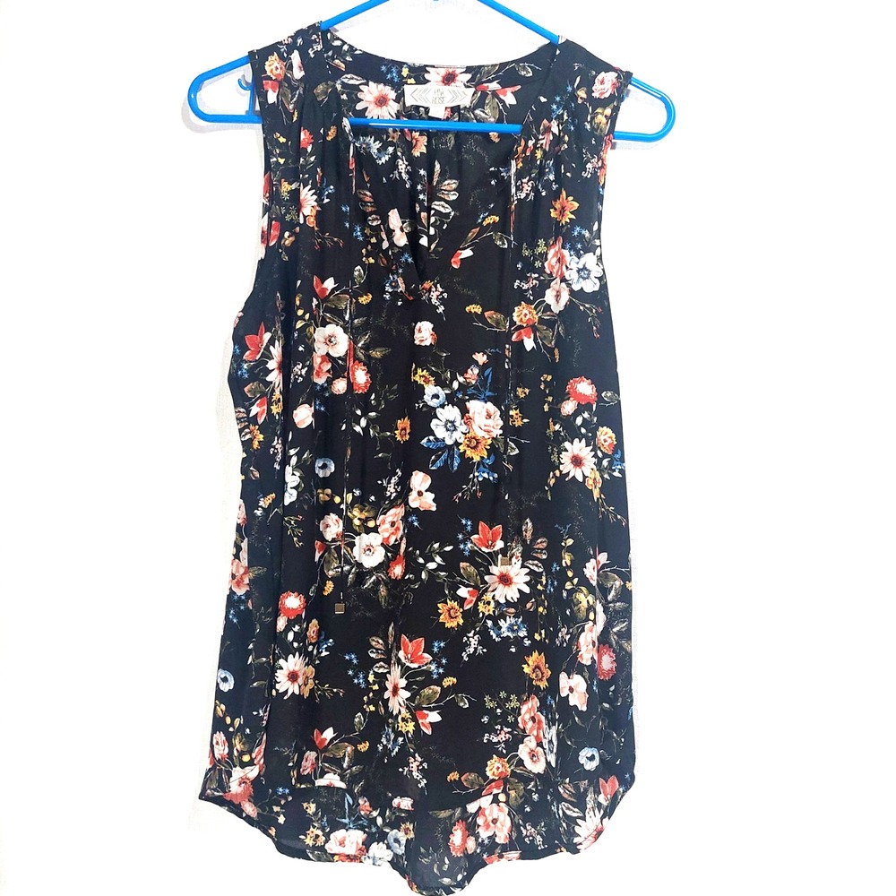 Pink Rose Womens Large Sleeveless Blouse Split Neck Tie Strings Floral High Low